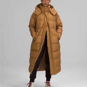 lululemon Wunder Puff Long Camel Hooded Down Puffer Coat in Bold Beige